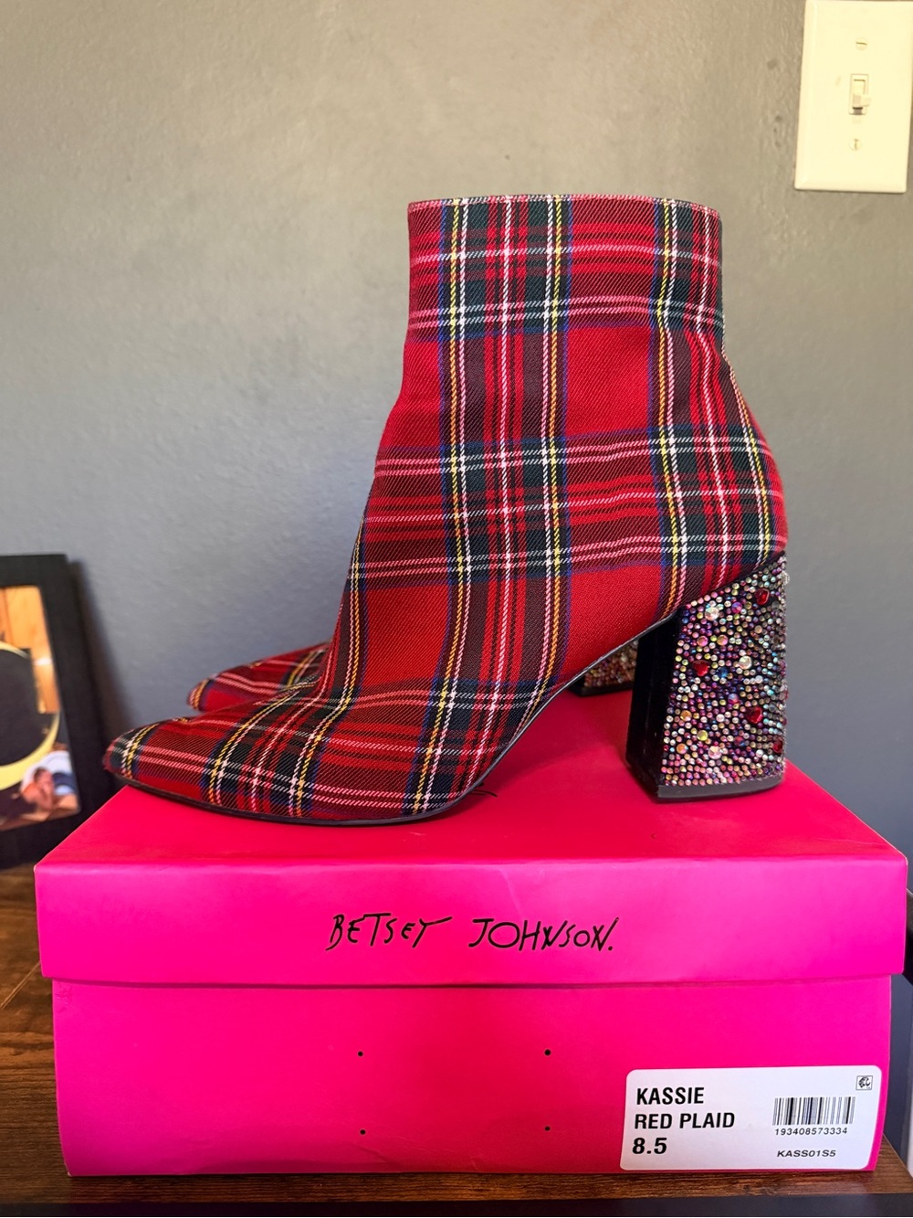 Betsey Johnson Red Plaid Jewel Block Heel Ankle Boots